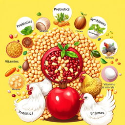 An intricate illustration of poultry pellets surrounded by diverse additives like probiotics, prebiotics, phytobiotics, symbiotics, vitamins, minerals, and enzymes
