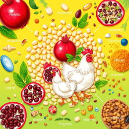 An intricate illustration of poultry pellets surrounded by diverse additives like probiotics, prebiotics, phytobiotics, symbiotics, vitamins, minerals, and enzymes