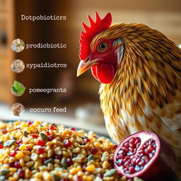 A highly realistic image depicting poultry pellet feed enriched with probiotics, prebiotics, phytobiotics, and symbiotics, featuring vibrant colors and textures