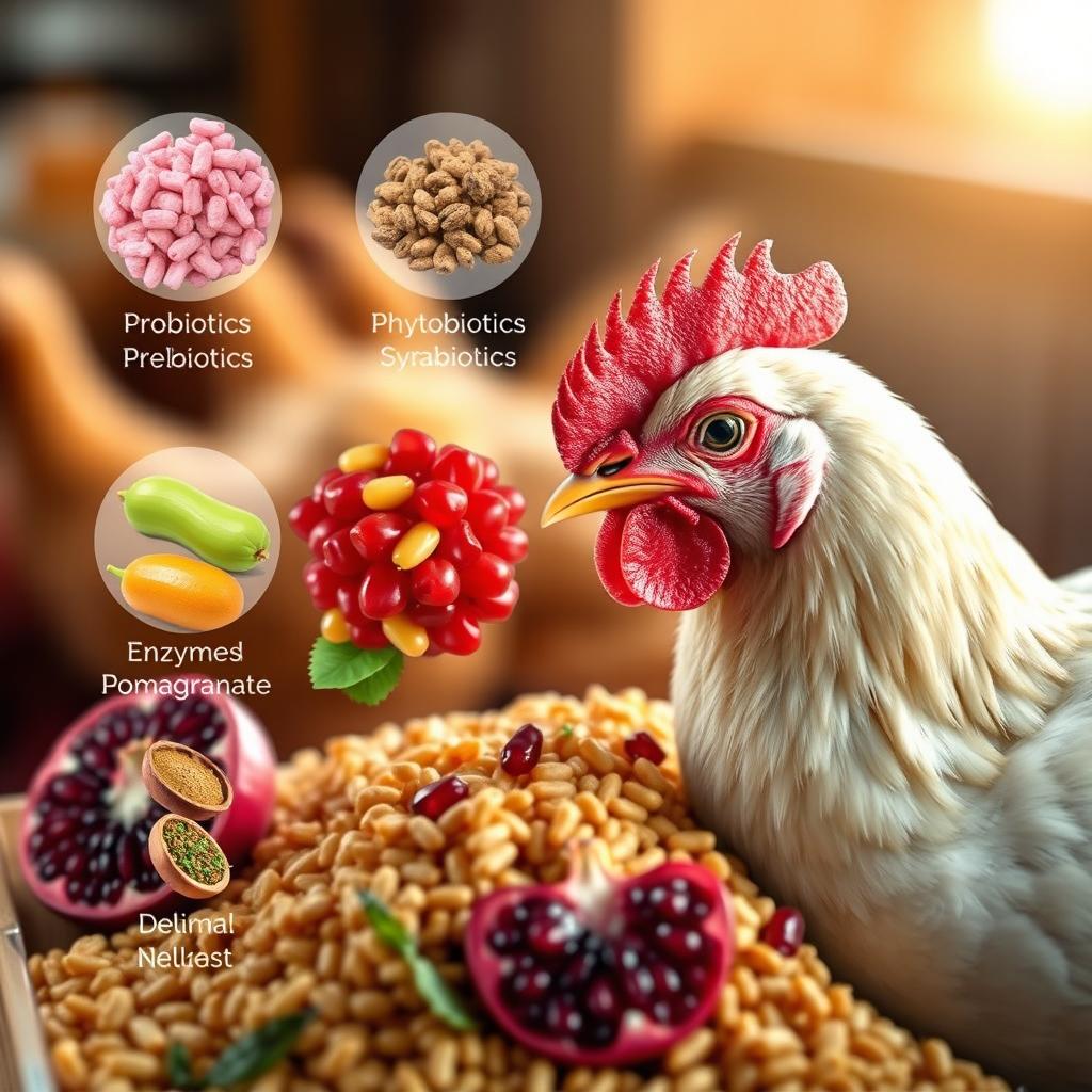 A highly realistic image depicting poultry pellet feed enriched with probiotics, prebiotics, phytobiotics, and symbiotics, featuring vibrant colors and textures