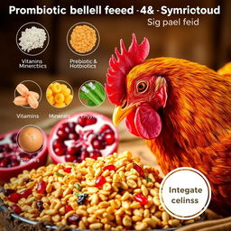 A highly realistic image depicting poultry pellet feed enriched with probiotics, prebiotics, phytobiotics, and symbiotics, featuring vibrant colors and textures