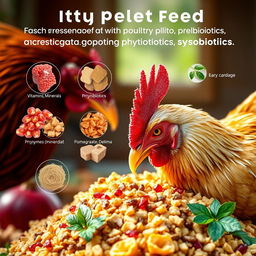 A highly realistic image depicting poultry pellet feed enriched with probiotics, prebiotics, phytobiotics, and symbiotics, featuring vibrant colors and textures