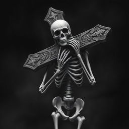 A chilling design featuring a human skeleton carrying a large cross, portrayed in a haunting black and white style
