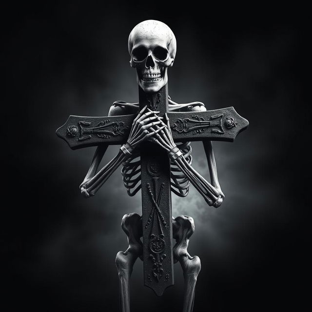 A chilling design featuring a human skeleton carrying a large cross, portrayed in a haunting black and white style