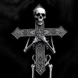 A chilling design featuring a human skeleton carrying a large cross, portrayed in a haunting black and white style