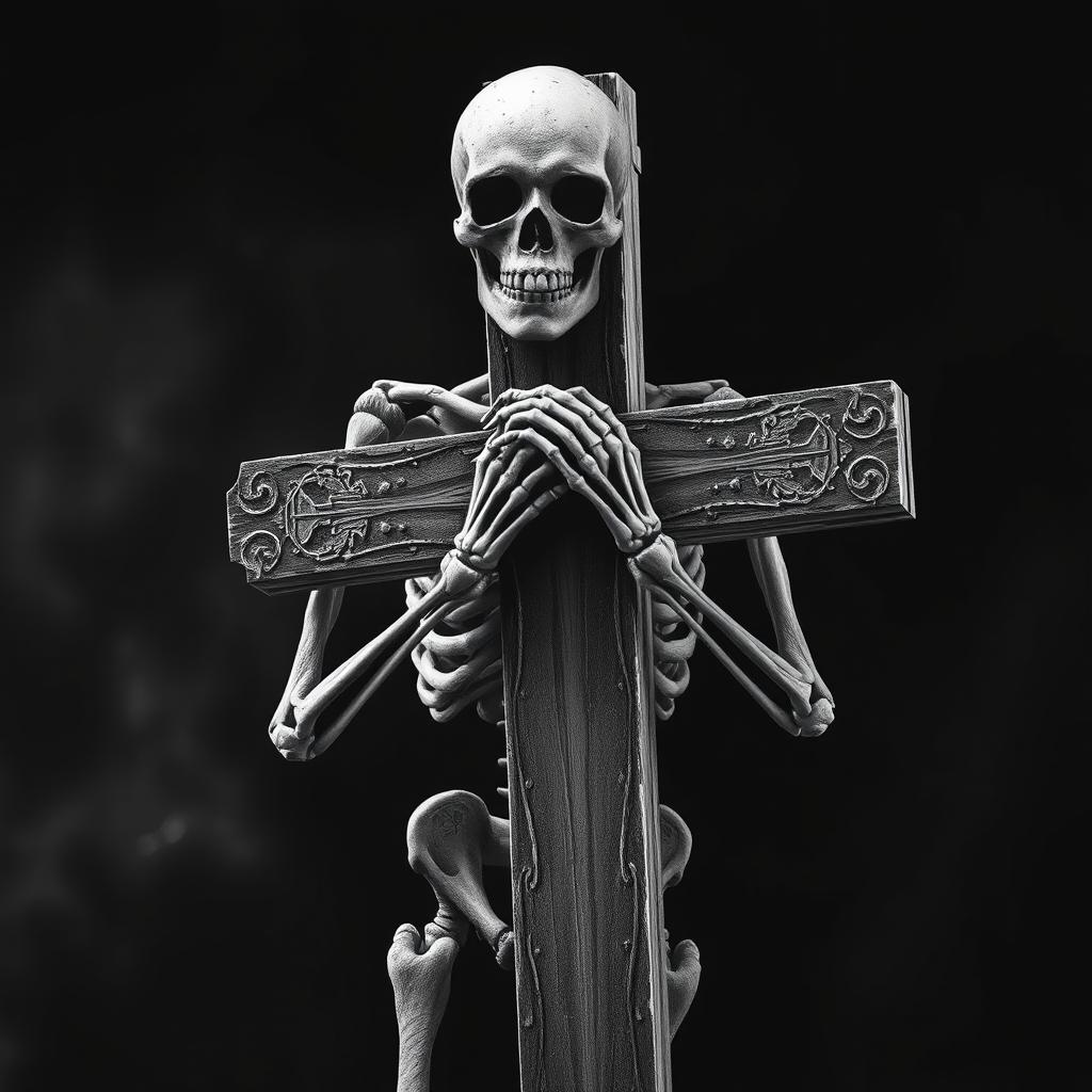 A chilling design featuring a human skeleton carrying a large cross, portrayed in a haunting black and white style