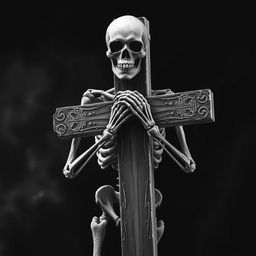 A chilling design featuring a human skeleton carrying a large cross, portrayed in a haunting black and white style