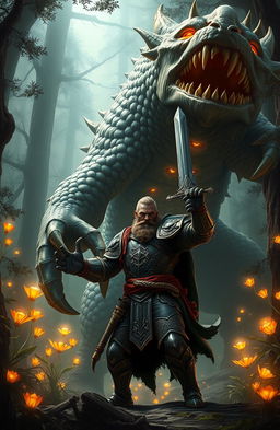 An epic scene depicting a mythical beast towering over a brave warrior named Gooner