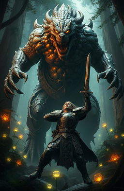 An epic scene depicting a mythical beast towering over a brave warrior named Gooner