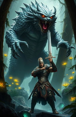 An epic scene depicting a mythical beast towering over a brave warrior named Gooner