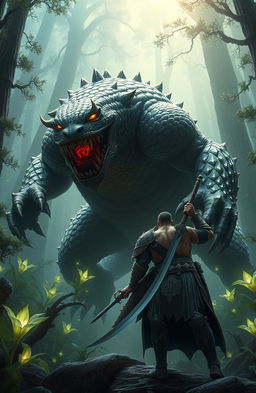 An epic scene depicting a mythical beast towering over a brave warrior named Gooner