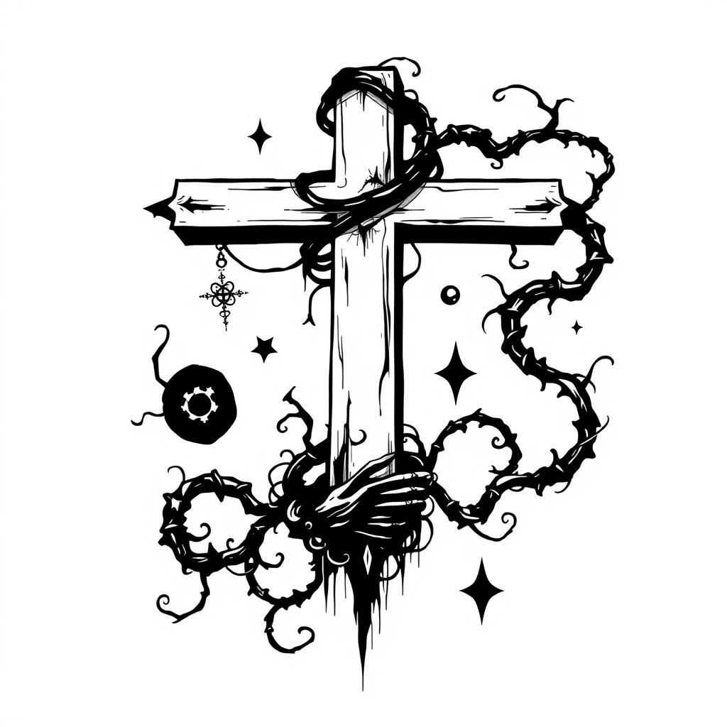 A striking design of an inverted cross, incorporated with sinister elements that evoke a sense of dread