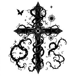 A striking design of an inverted cross, incorporated with sinister elements that evoke a sense of dread
