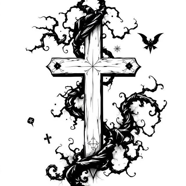 A striking design of an inverted cross, incorporated with sinister elements that evoke a sense of dread