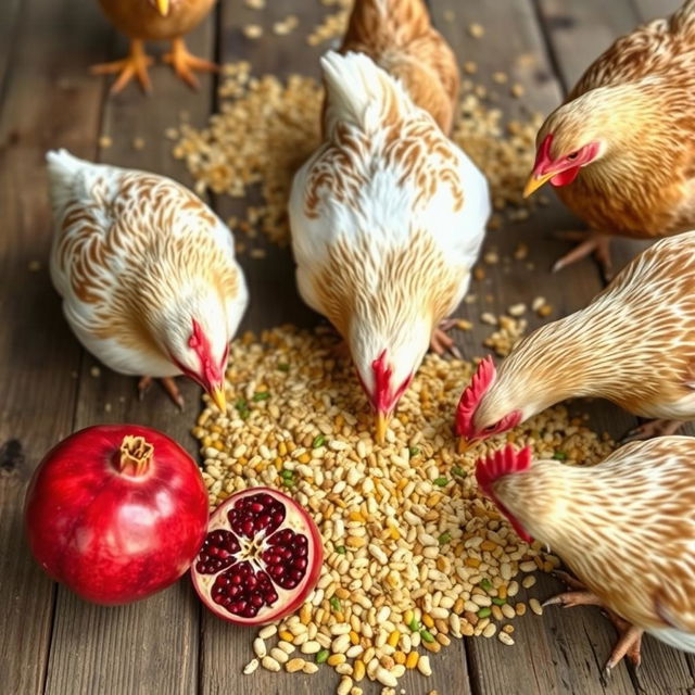 A realistic image of chicken feed laid out on a wooden surface, enriched with various poultry additives like probiotics, prebiotics, phytobiotics, symbiotics, vitamins, minerals, and enzymes