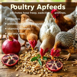 A realistic image of chicken feed laid out on a wooden surface, enriched with various poultry additives like probiotics, prebiotics, phytobiotics, symbiotics, vitamins, minerals, and enzymes