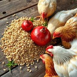A realistic image of chicken feed laid out on a wooden surface, enriched with various poultry additives like probiotics, prebiotics, phytobiotics, symbiotics, vitamins, minerals, and enzymes