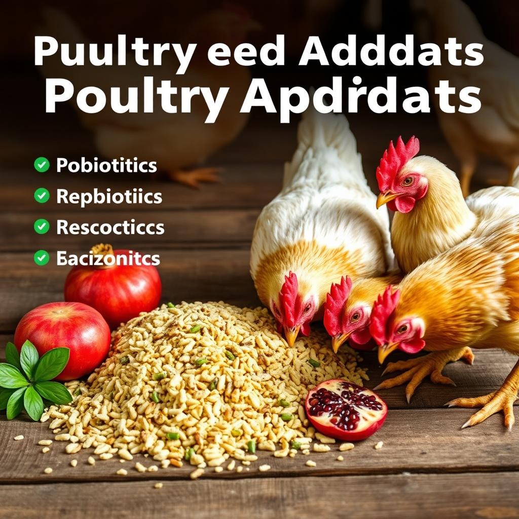 A realistic image of chicken feed laid out on a wooden surface, enriched with various poultry additives like probiotics, prebiotics, phytobiotics, symbiotics, vitamins, minerals, and enzymes