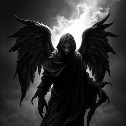 A haunting design of a scary angel depicted in black and white