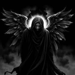 A haunting design of a scary angel depicted in black and white