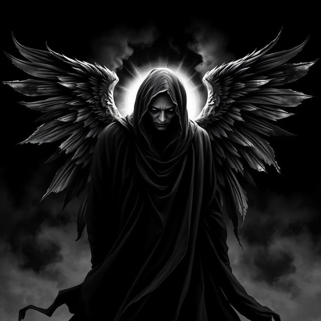 A haunting design of a scary angel depicted in black and white