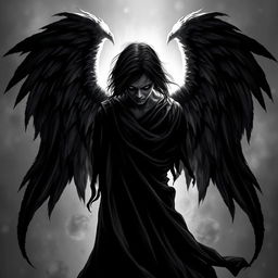 A haunting design of a scary angel depicted in black and white