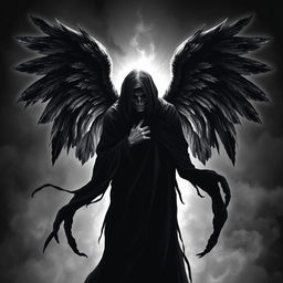 A haunting design of a scary angel depicted in black and white