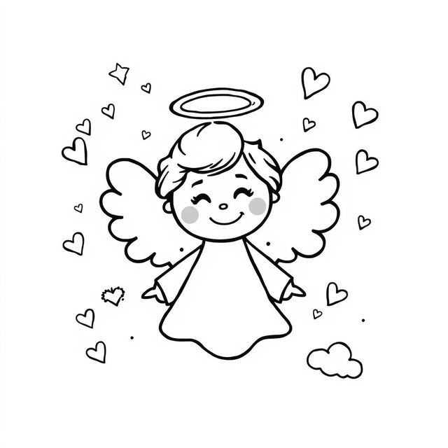 A whimsical doodle design of an angel in black and white, featuring a playful and cartoonish style