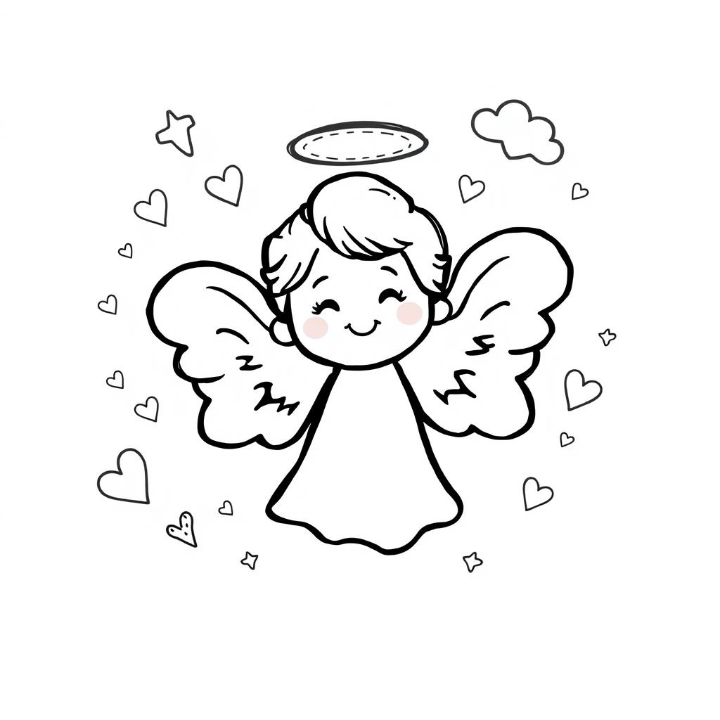 A whimsical doodle design of an angel in black and white, featuring a playful and cartoonish style