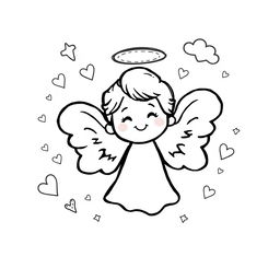 A whimsical doodle design of an angel in black and white, featuring a playful and cartoonish style