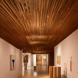 Design a studio inside an art museum filled with inspiring display objects and artifacts. The room is highlighted by a traditional wooden ceiling design, merging history and creativity in a perfect blend.