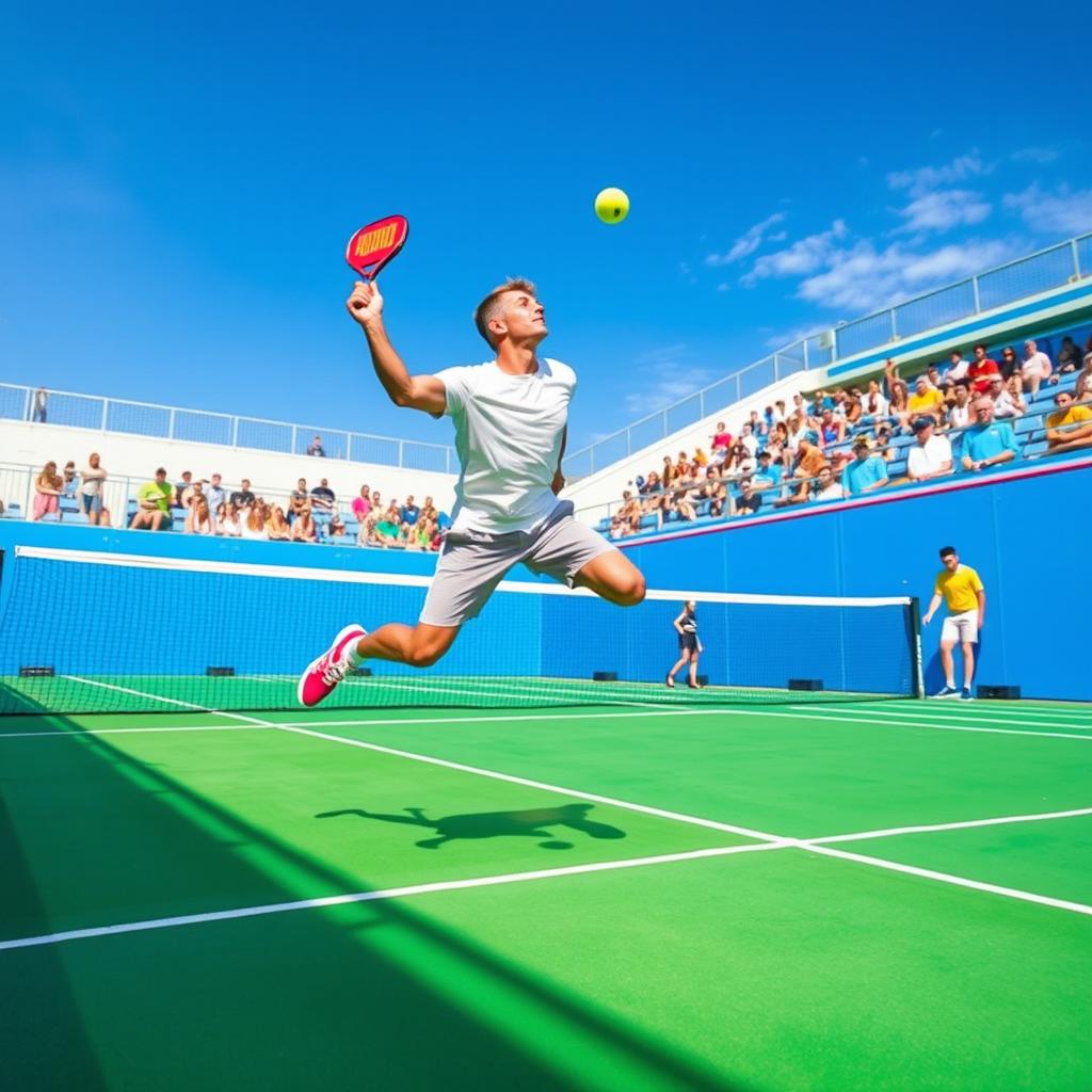 A detailed tutorial scene showing an expert padel player executing a beautiful volley shot on the court