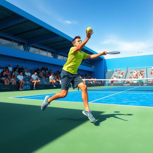 A detailed tutorial scene showing an expert padel player executing a beautiful volley shot on the court