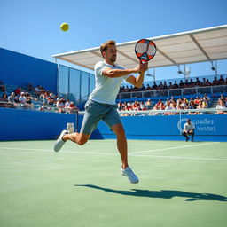 A detailed tutorial scene showing an expert padel player executing a beautiful volley shot on the court
