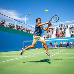 A detailed tutorial scene showing an expert padel player executing a beautiful volley shot on the court