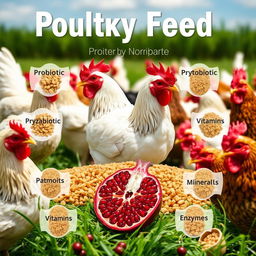 A realistic image of chicken feed in the center, surrounded by chicken, showcasing various types of poultry feed including probiotic, prebiotic, phytobiotic, symbiotic, vitamins, minerals, and enzymes