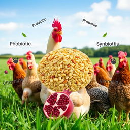 A realistic image of chicken feed in the center, surrounded by chicken, showcasing various types of poultry feed including probiotic, prebiotic, phytobiotic, symbiotic, vitamins, minerals, and enzymes