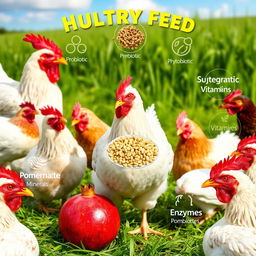 A realistic image of chicken feed in the center, surrounded by chicken, showcasing various types of poultry feed including probiotic, prebiotic, phytobiotic, symbiotic, vitamins, minerals, and enzymes