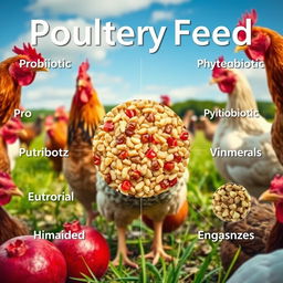 A realistic image of chicken feed in the center, surrounded by chicken, showcasing various types of poultry feed including probiotic, prebiotic, phytobiotic, symbiotic, vitamins, minerals, and enzymes