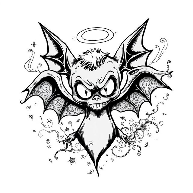 A captivating yet scary angel doodle design in black and white, blending playful and dark elements to create an intriguing image