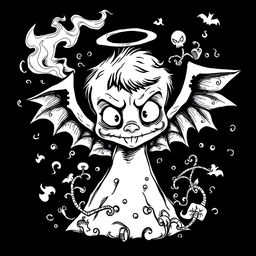A captivating yet scary angel doodle design in black and white, blending playful and dark elements to create an intriguing image