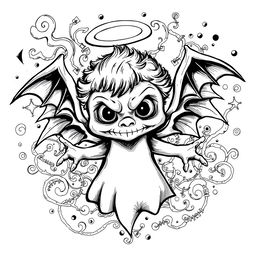 A captivating yet scary angel doodle design in black and white, blending playful and dark elements to create an intriguing image