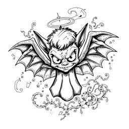 A captivating yet scary angel doodle design in black and white, blending playful and dark elements to create an intriguing image