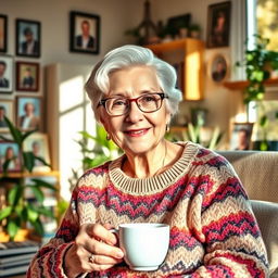 A warm and inviting portrait of an older woman with a gentle smile, sitting in a cozy living room filled with family photos and plants