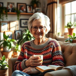 A warm and inviting portrait of an older woman with a gentle smile, sitting in a cozy living room filled with family photos and plants