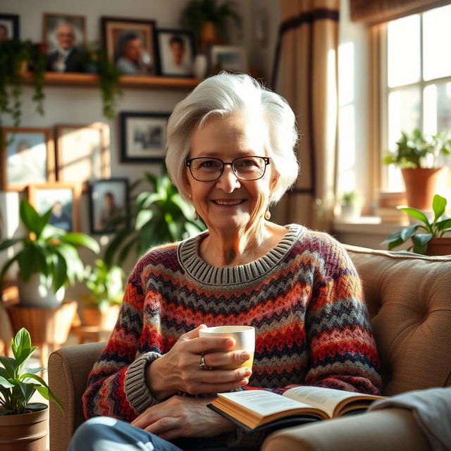 A warm and inviting portrait of an older woman with a gentle smile, sitting in a cozy living room filled with family photos and plants