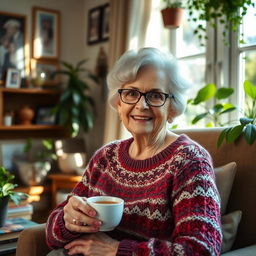 A warm and inviting portrait of an older woman with a gentle smile, sitting in a cozy living room filled with family photos and plants