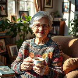 A warm and inviting portrait of an older woman with a gentle smile, sitting in a cozy living room filled with family photos and plants