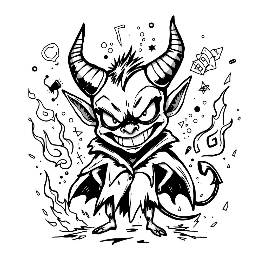 A striking and scary devil doodle design in black and white, featuring exaggerated and playful elements that create an intriguing image