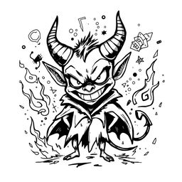 A striking and scary devil doodle design in black and white, featuring exaggerated and playful elements that create an intriguing image